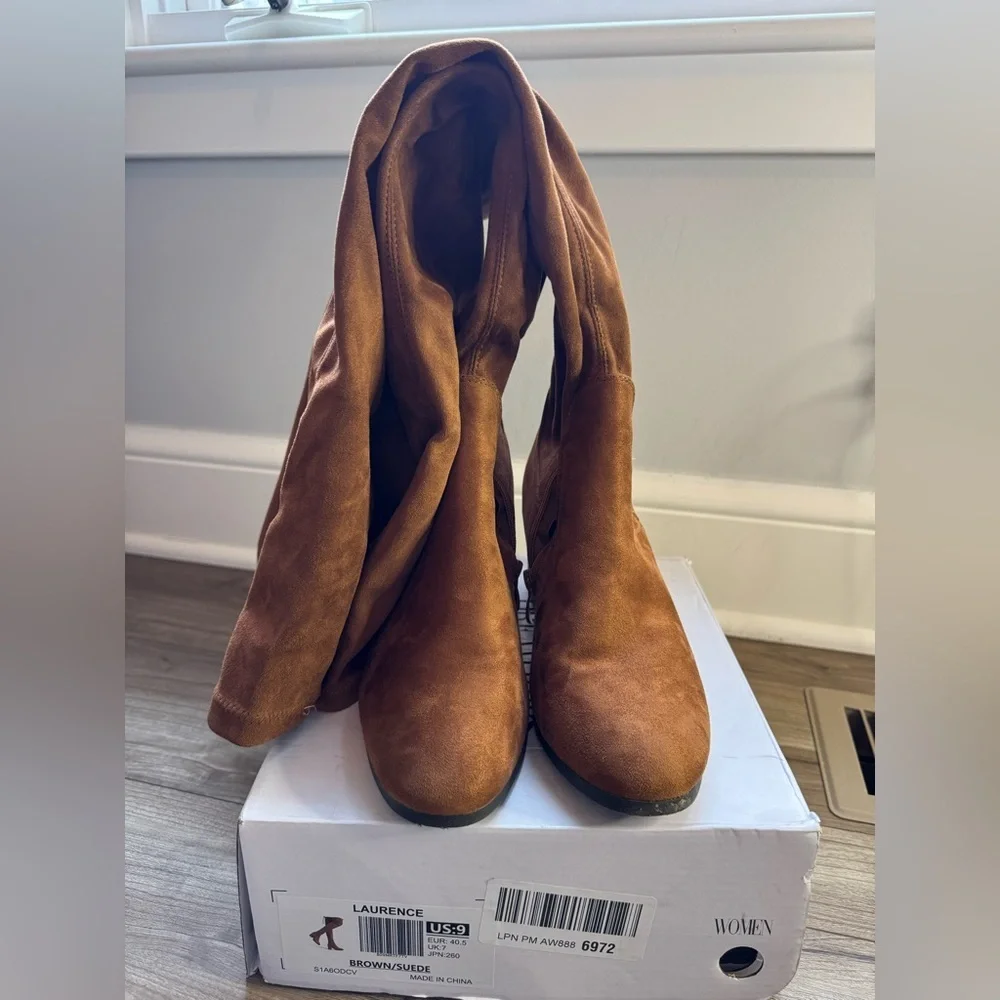 DREAM PAIRS Laurence Chunky Heel Thigh High Boots Brown-Suede Size 9